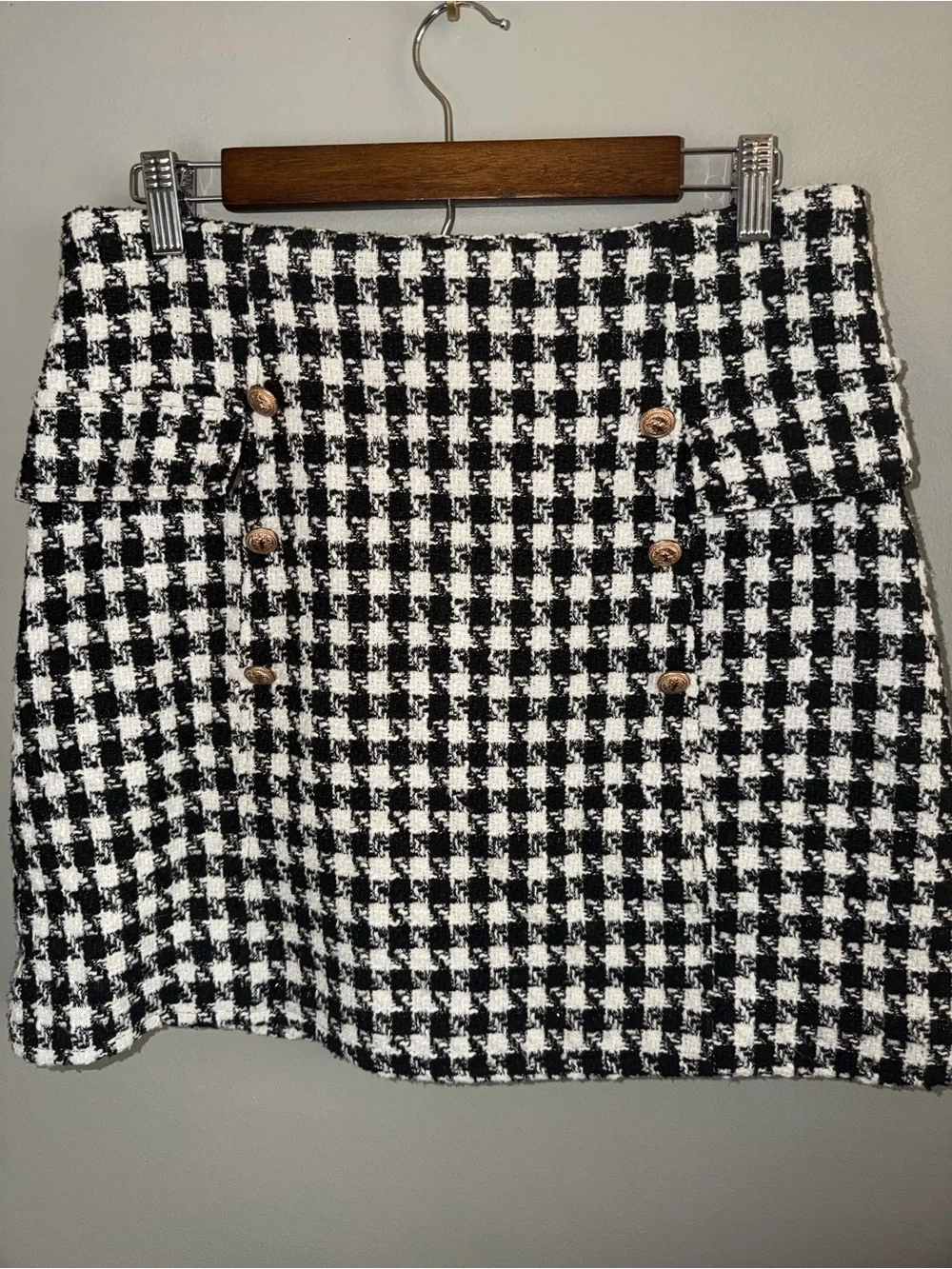 Mi Ami Tweed Houndstooth Mini Skirt Gold Button Black White Size Large